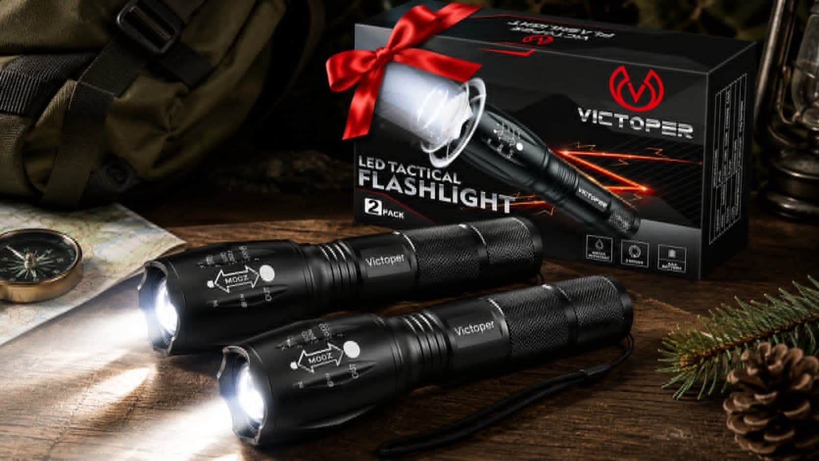 Victoper LED Flashlight 2-Pack featuring adjustable zoom, five lighting modes, and water-resistant tactical flashlight design