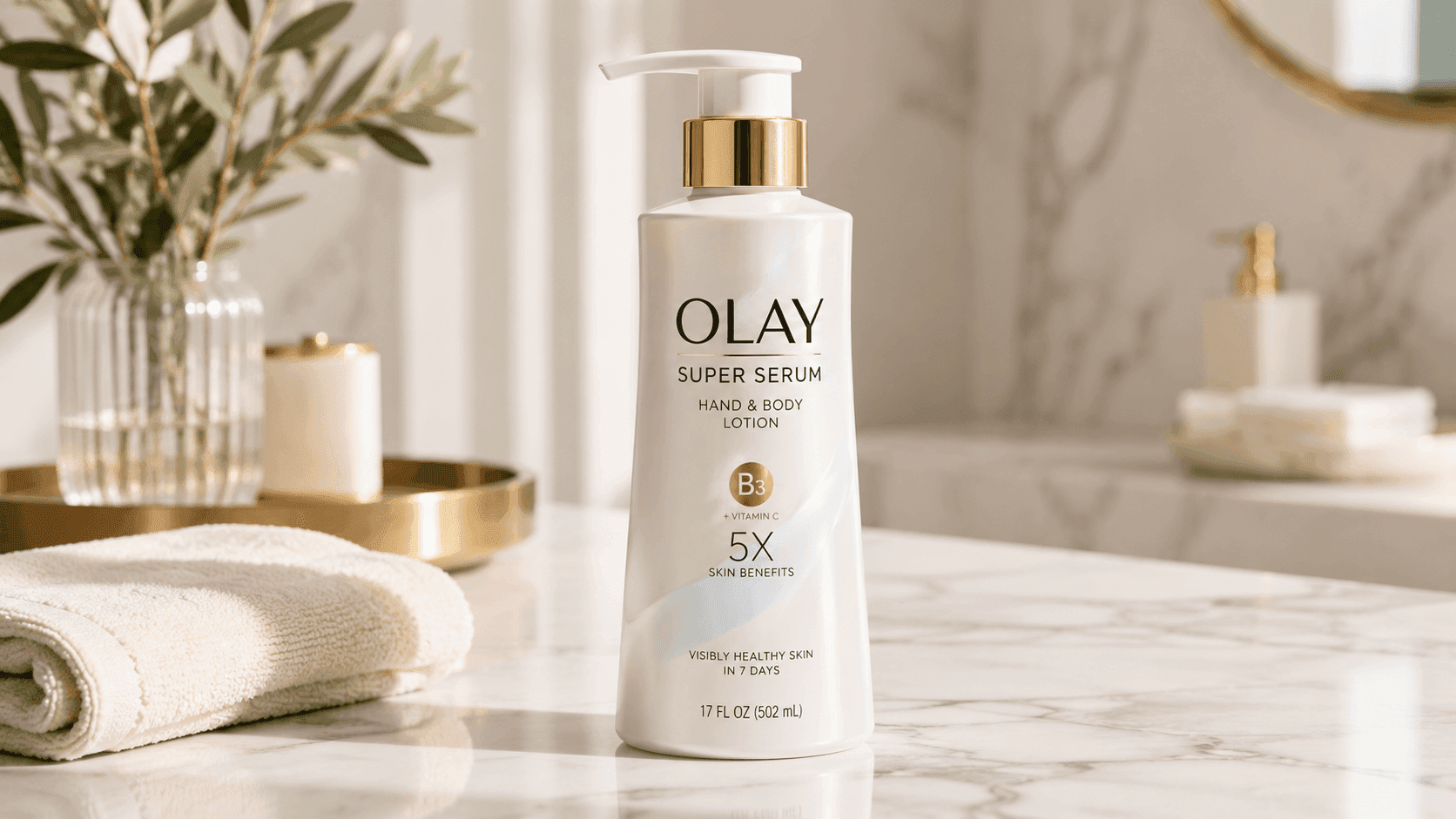 Olay Super Serum Hand & Body Lotion bottle with niacinamide, collagen peptides, vitamin C, and vitamin E for 24-hour hydration and smoother, brighter-looking skin