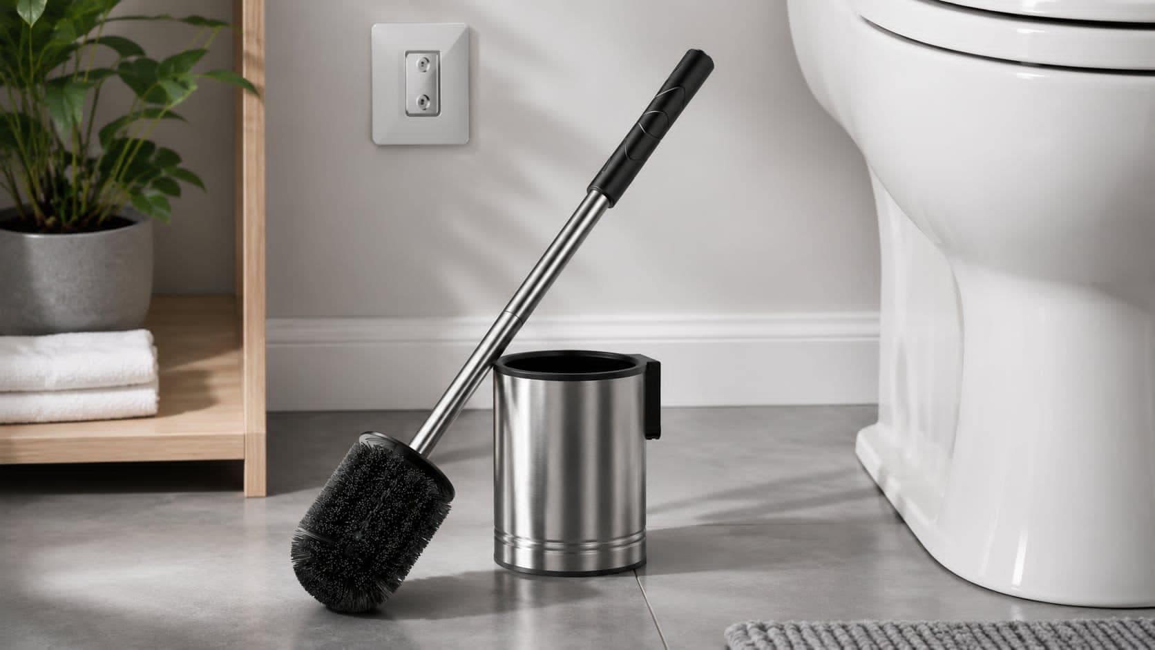 HAMITOR Toilet Bowl Brush Set with curved under-rim cleaning brush and ventilated holder for bathroom cleaning