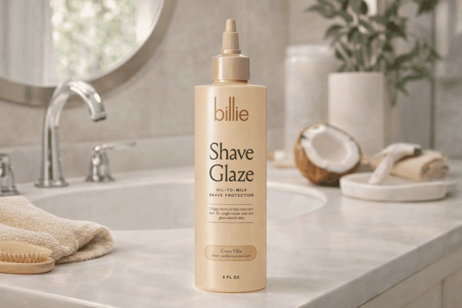 Billie Shave Glaze oil-to-milk shave protection bottle on a bathroom countertop near sink with coconut and razor, Coco Villa scent displayed