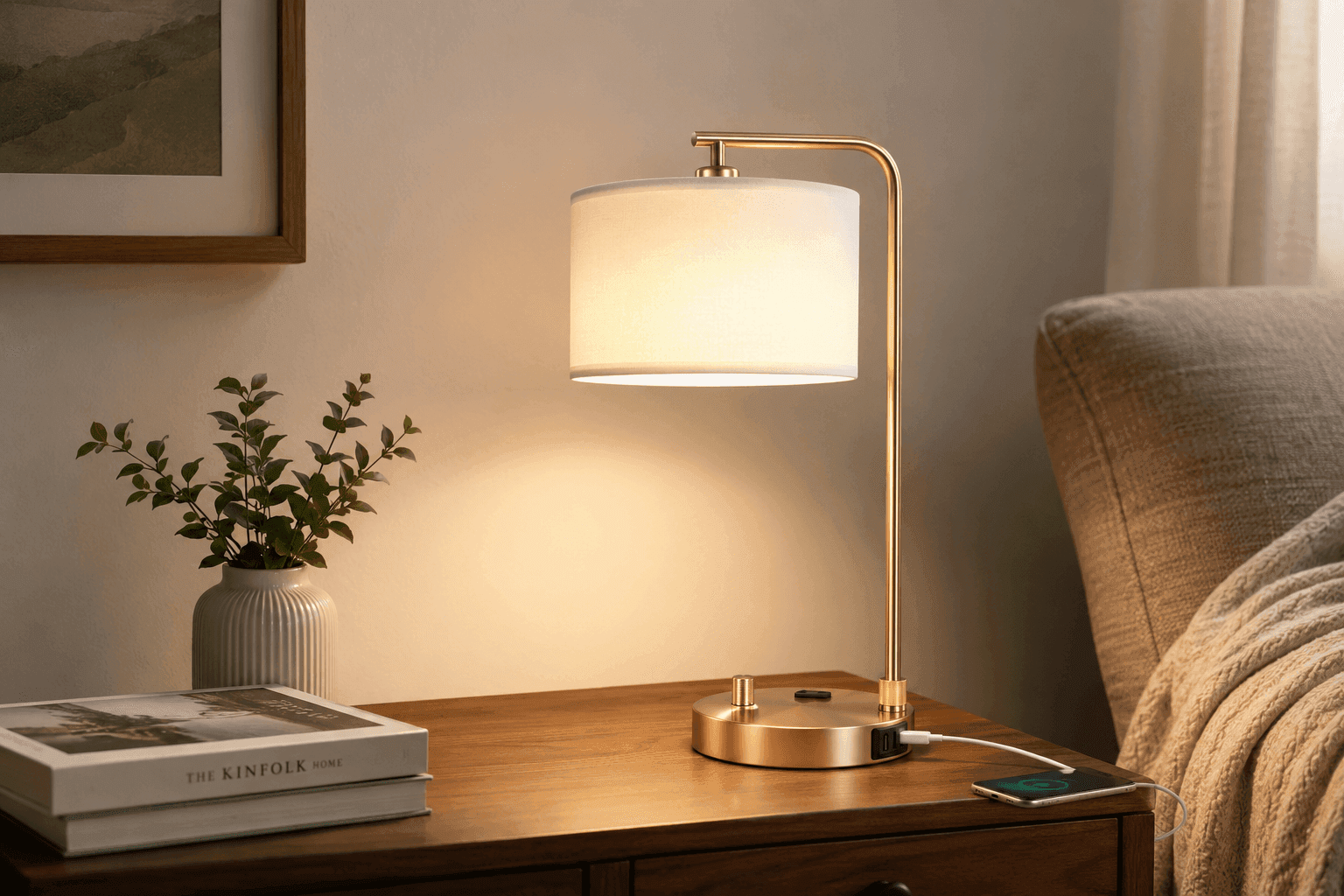 Innqoo Bedside Table Lamp featuring dimmable LED lighting, USB charging ports, and fabric shade