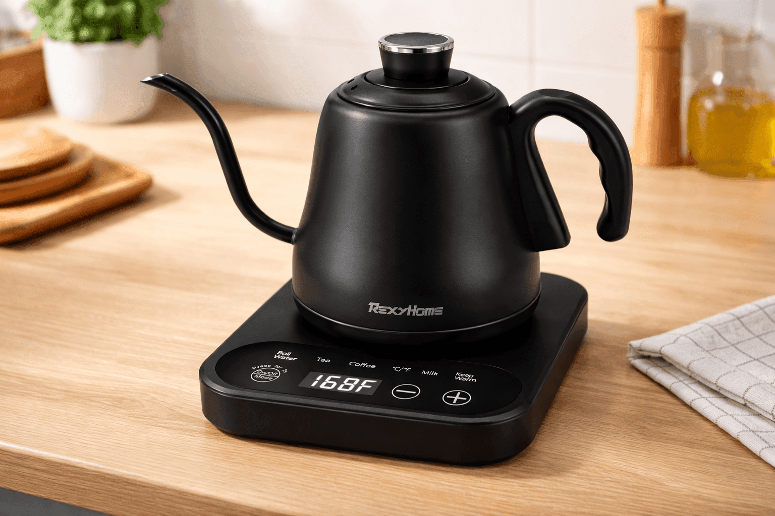 REXYHOME Gooseneck Electric Kettle with temperature control pouring hot water for pour-over coffee on a modern kitchen countertop.