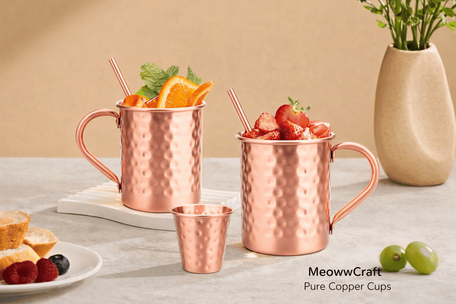 “MeowvCraft pure copper Moscow Mule cups with hammered finish for cocktails.”