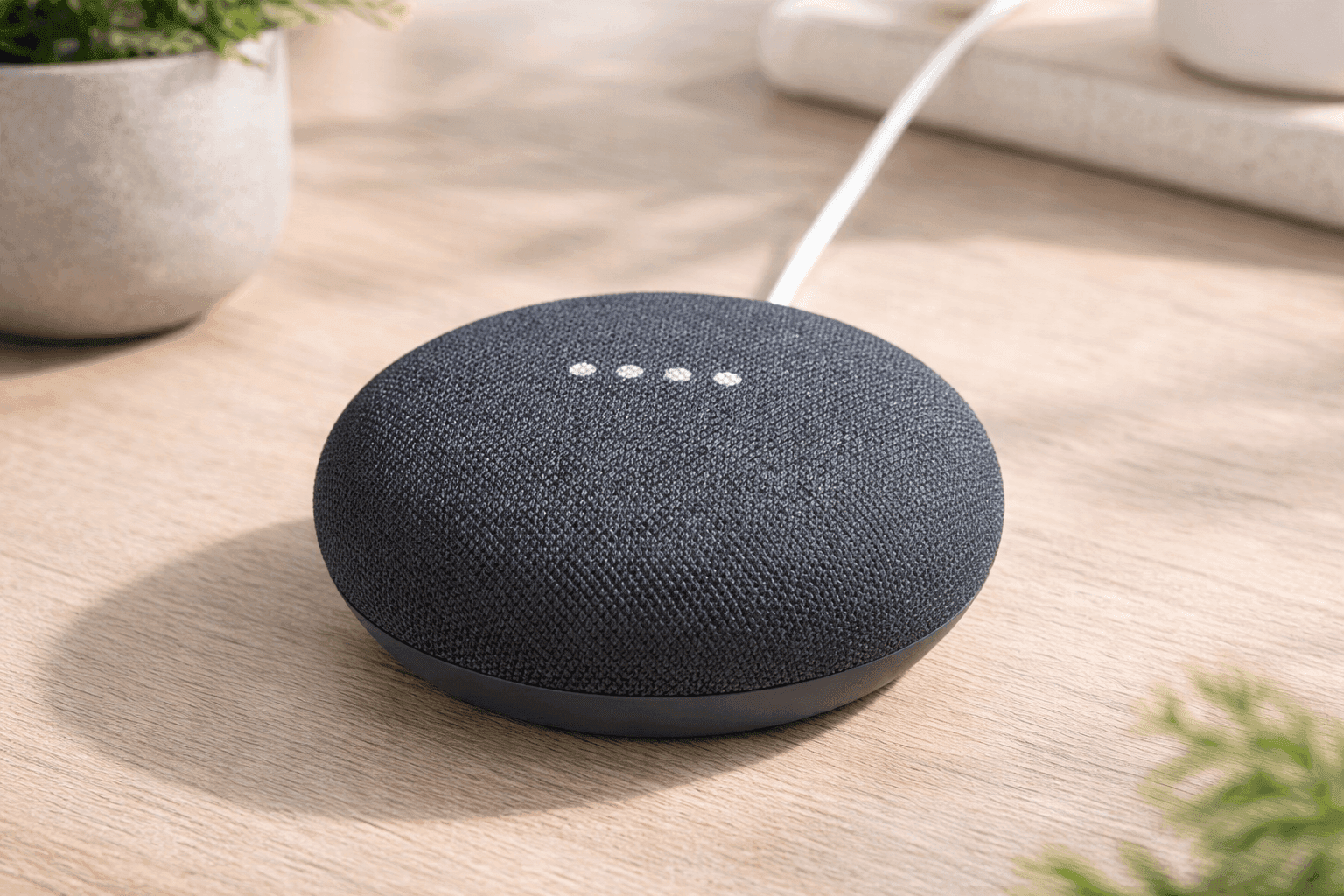 Google Nest Mini Bluetooth Speaker on a bedside table with smart home setup and soft ambient lighting