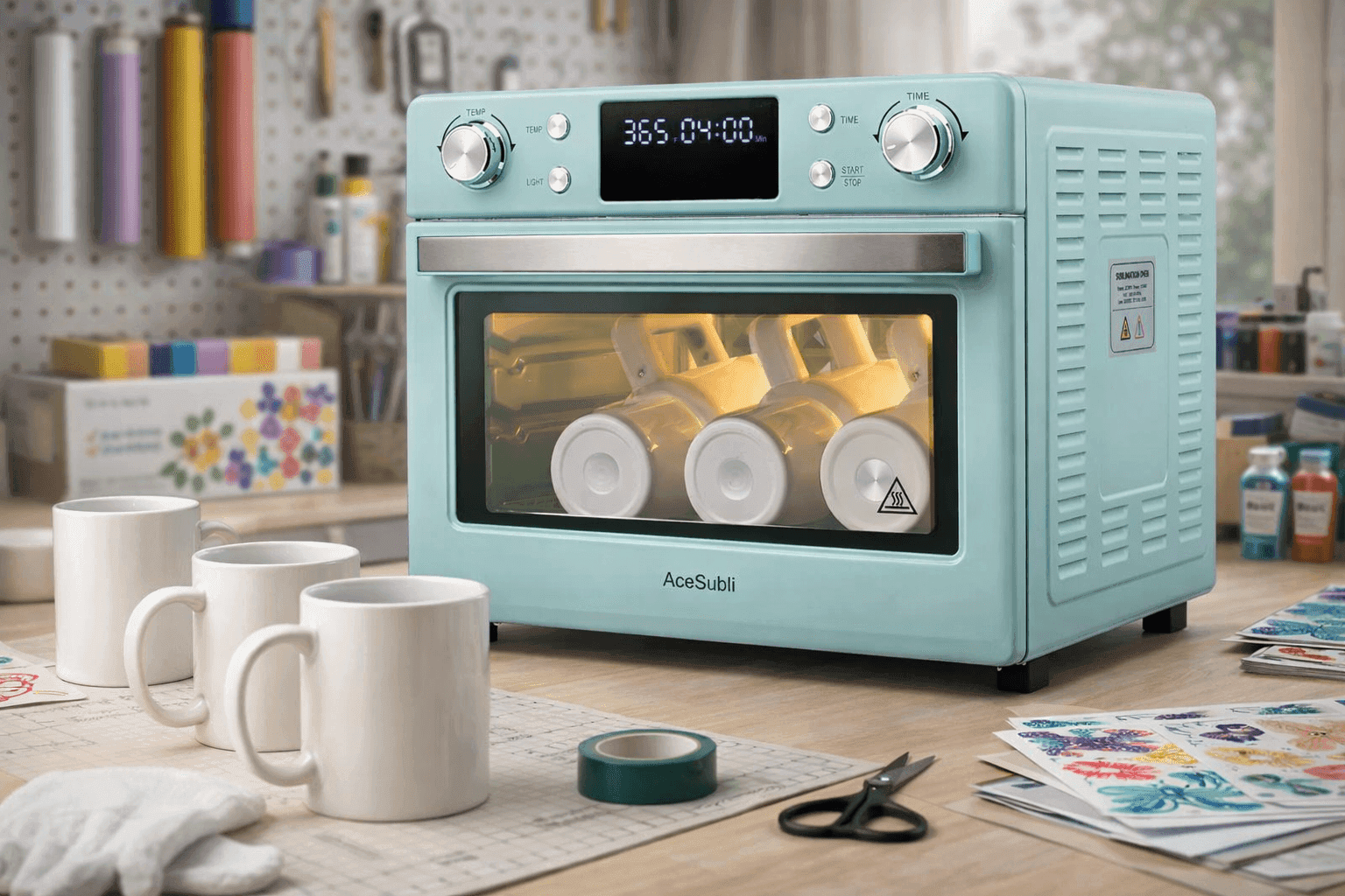 AceSubli sublimation oven printing custom mugs and tumblers in craft workspace