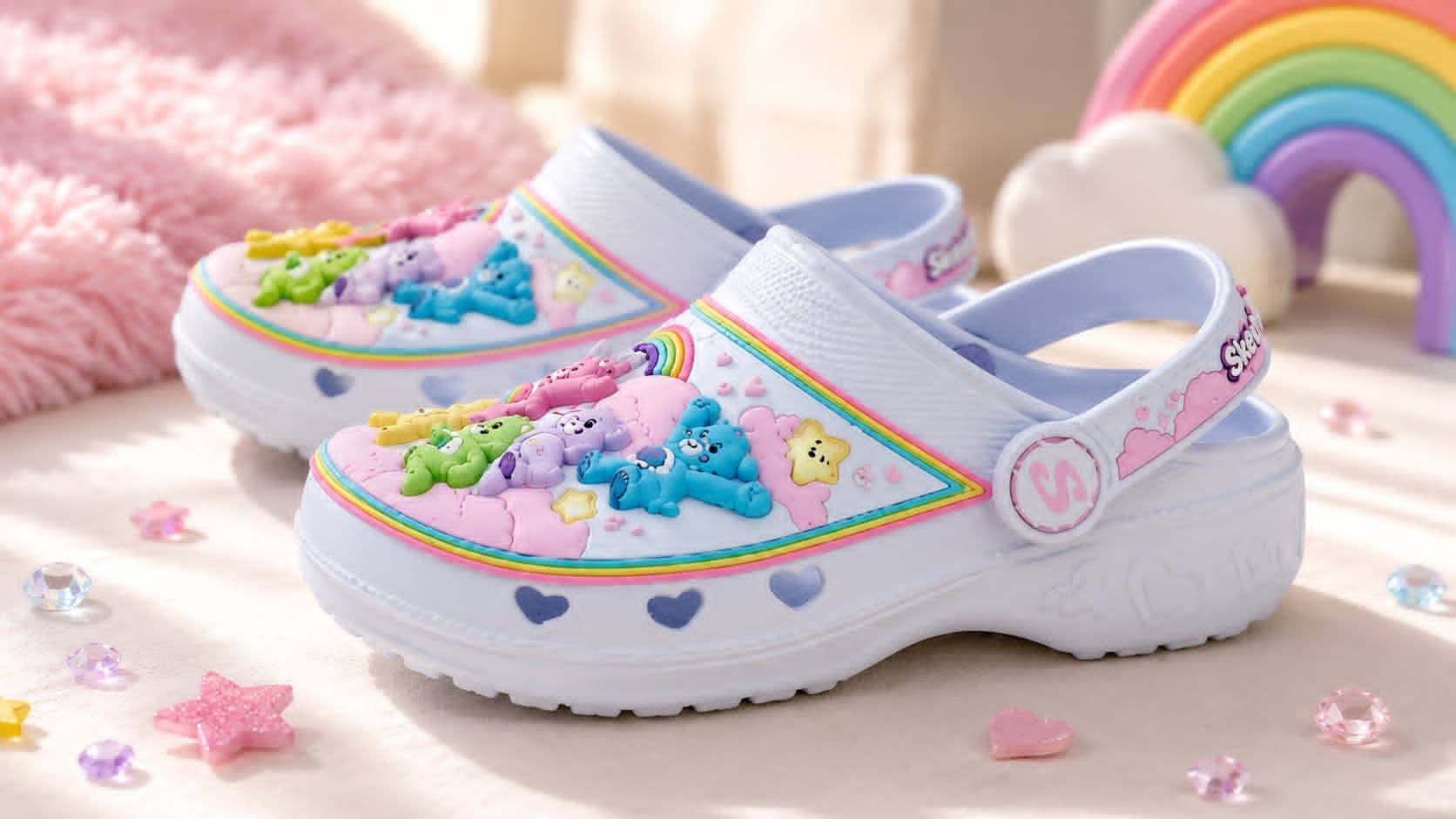 Skechers Kids Girls' X Care Bears S Lights Sweetheart light-up sneakers for girls featuring colorful Care Bears graphics, hook-and-loop closure, and S-Lights LED sole