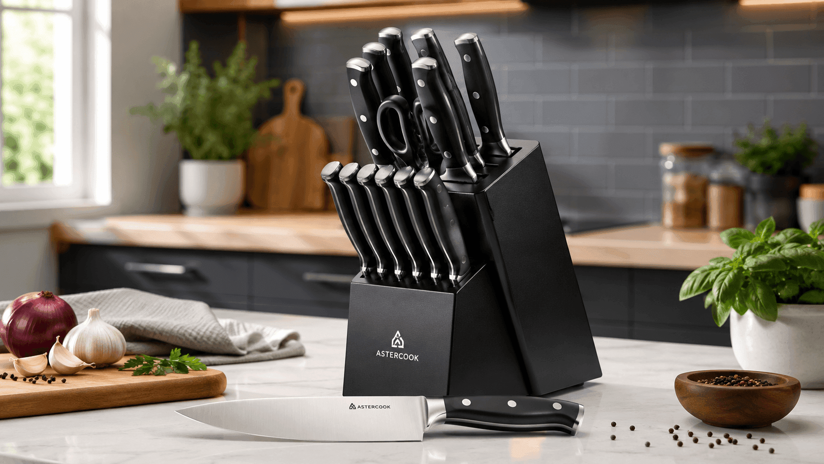 Astercook Knife Set 15-piece kitchen knife set with block, German high carbon stainless steel blades and built-in knife sharpener for everyday cooking