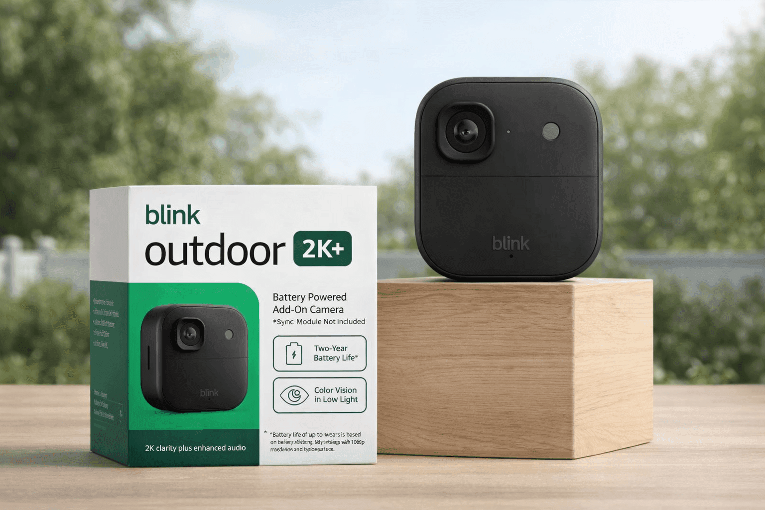 Blink Outdoor 2K+ wireless outdoor security camera with product box on wooden display